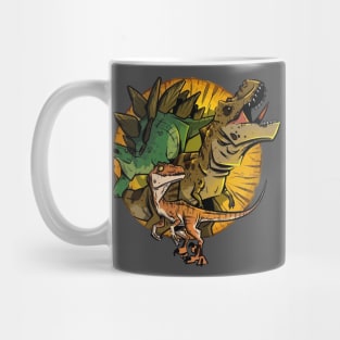 Rustic Dino Trio: Stegosaurus, T-Rex, and Velociraptor Mug